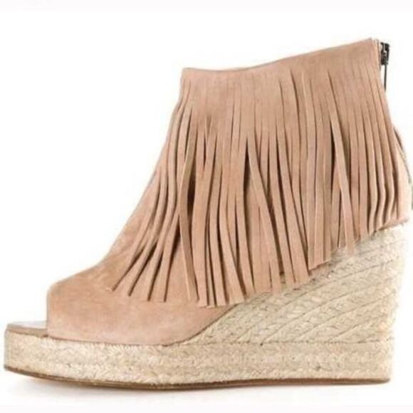 Beige Tan Suede Fringe Wedge Shoes - Picture 1 of 8